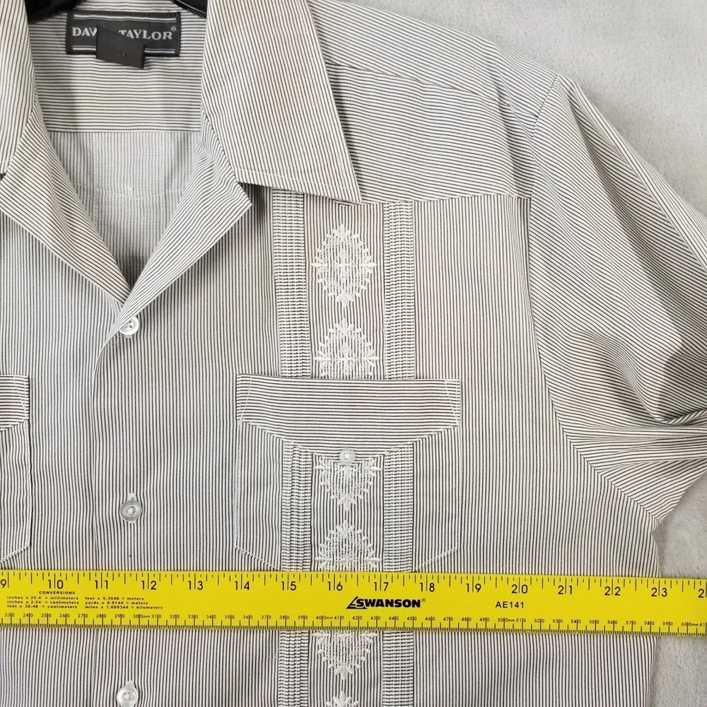 Vtg David Taylor Guayabera Shirt M Gray White Striped Embroidered Camp‎ Sears